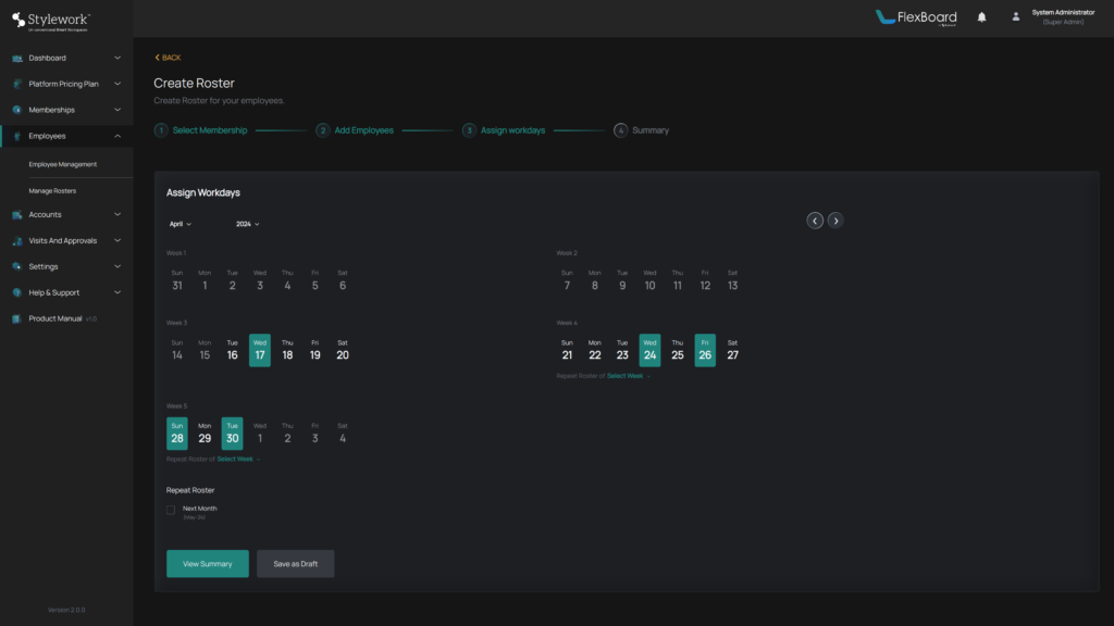 select dates to create roaster